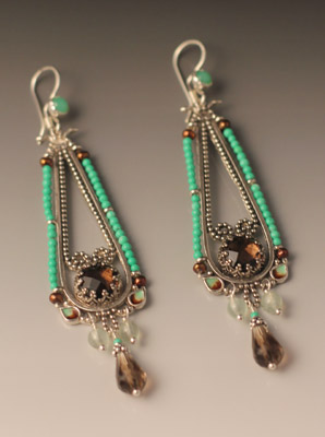 earrings of
russian amazonite, smoky quartz, chrysoprase, and
enamel.